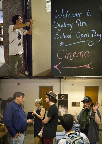 A student (top left) helps build a film set, and (bottom) visitors to the Sydney Film School talks with teachers (Photo: Sandra Beeston)