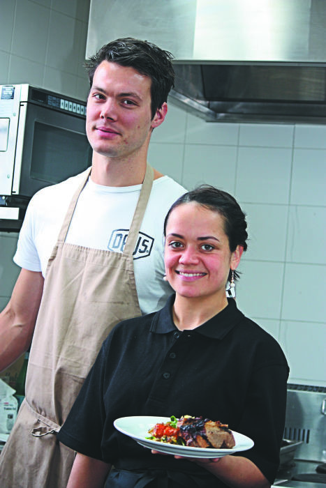 Caption: British India Trading Co. Head Chef Matt Taylor with one of the students from the National Indigenous Culinary Institute (NICI). Photo: Bruce Wardley