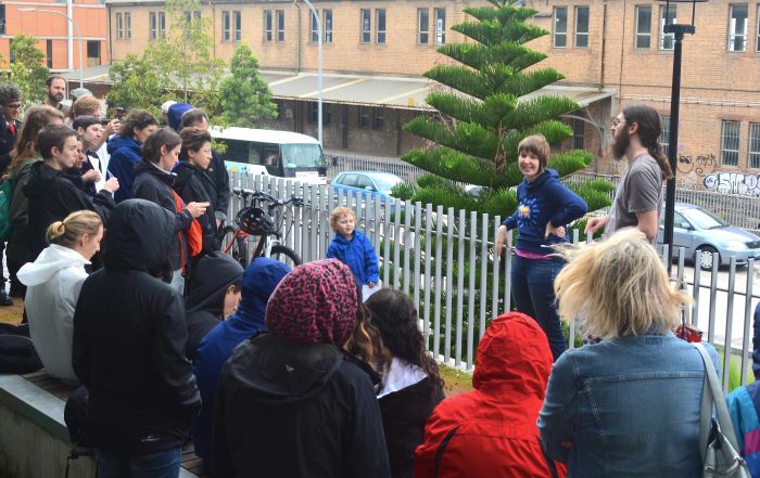 At the Carriageworks tour stop Alice Anderson and Alexander Turnbull from REDWatch talk about affordable housing and other issues Photo: Kat Hines