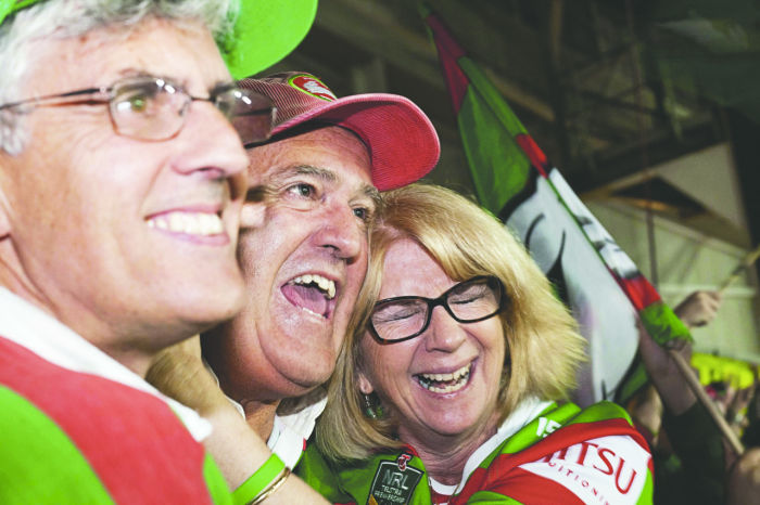 Michael Page (left) with friends at the NRL grand final, 2014     Photo: Jennifer Blau