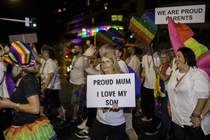Parents & Friends of Lesbians and Gays (PFLAG) marched proudly with their children. Photo: Bec Lewis