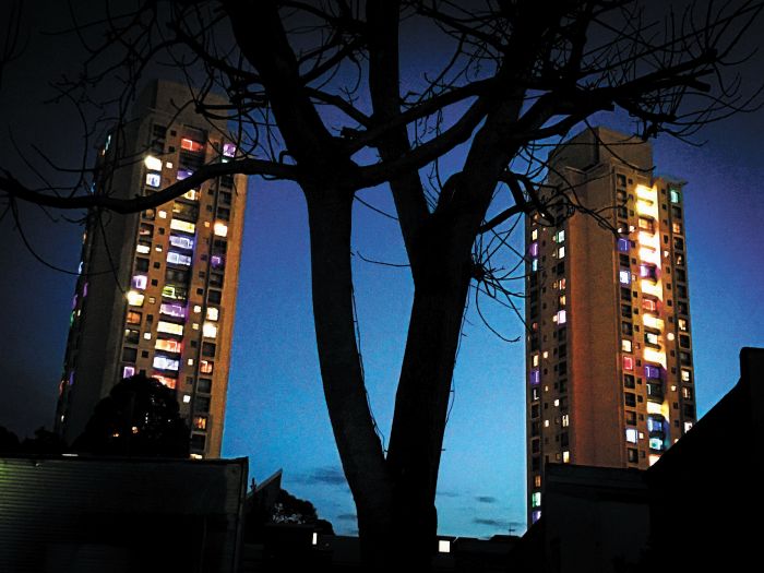 Coloured lights in the Matavai and Turanga buildings Photo: Andrew Collis