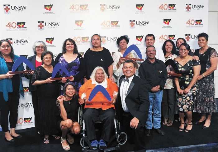 NSWALC original working committee – Joyce Clague (centre in wheelchair), the only surviving member of the group present (Ray Kelly was unable to attend), with family of four other original committee members who have passed away. Photo: Pauline Clague