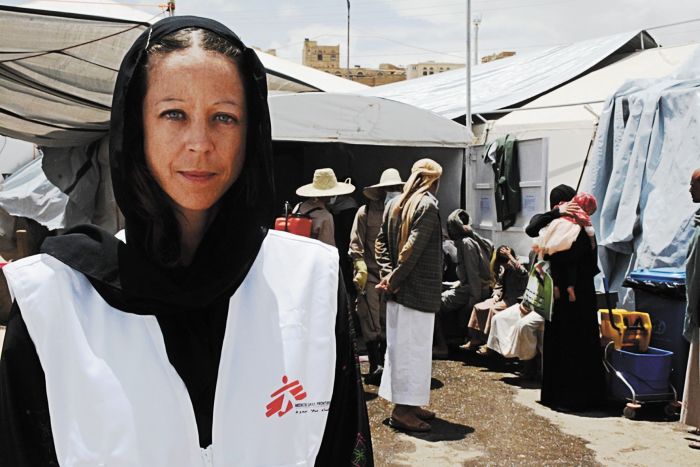 Claire Manera in front of the cholera treatment centre in Khamer town, Amran. Photo: Malak Shaher/MSF