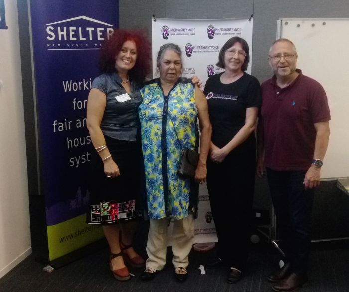 Michael Darcy (right) with Karen Walsh, Bronwyn Penrith and Charmaine Jones (Social Mix Workshop in Waterloo, April 11) Photo: Ned Cutcher