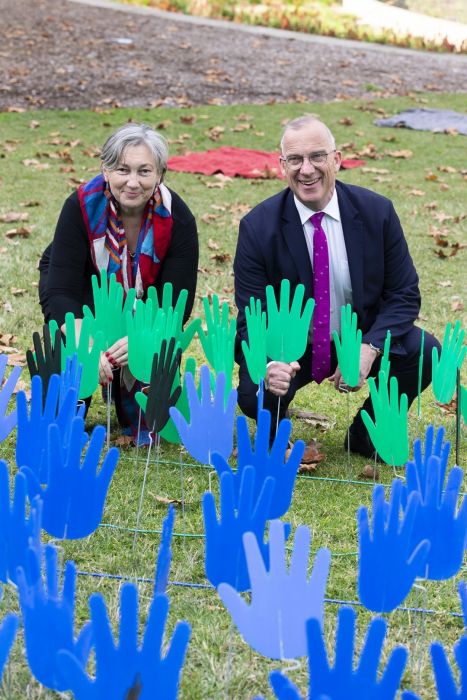 Deputy Vice Chancellor (Indigenous Strategy and Services) Prof. Juanita Sherwood and Vice Chancellor Dr Michael Spence, with Hands of Reconciliation. Photo: Supplied