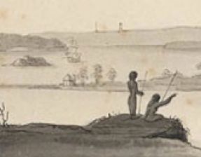 Detail from North-West View, taken from the Rocks above Sydney, in New-South-Wales, for John White, Esq, c.1794. Thomas Watling (c.1762-?) Wash drawing. DG V1/13, Dixson Library, Courtesy of State Library of New South Wales, Sydney.
