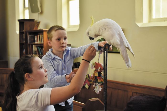 Phoebe and Jacob with Sephi the cockatoo at South Sydney Uniting Church. Photo: Edward Murray
