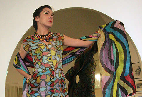 Indigenous comedienne Simone Saunders of Newtown modelled a dress, neck piece and scarf by Melbourne-based designer Roopa Pemmaraju. (Photo: Andrew Collis)